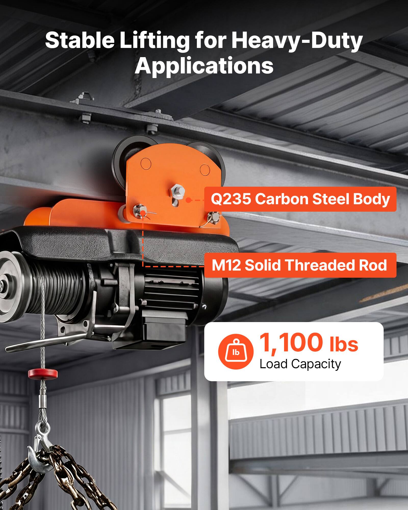 Stable Lifting for Heavy-Duty Applications  
Q235 Carbon Steel Body  
M12 Solid Threaded Rod  
1,100 lbs Load Capacity