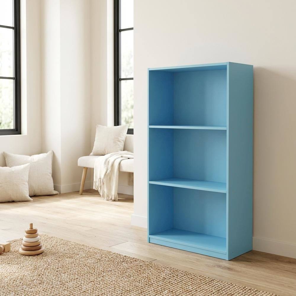Angle. FurniFact - Light Blue 3-Tier Bookcase with Wooden Shelves for Organized Storage - Light Blue.