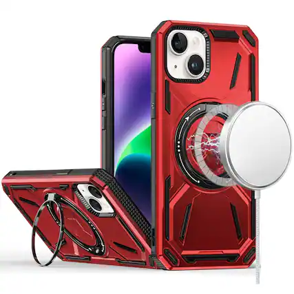 Front. Kitcheniva - Magnetic Circle Metal Stand Shockproof Phone Case With Tempered Glass For iPhone 13/14 Red - Red.