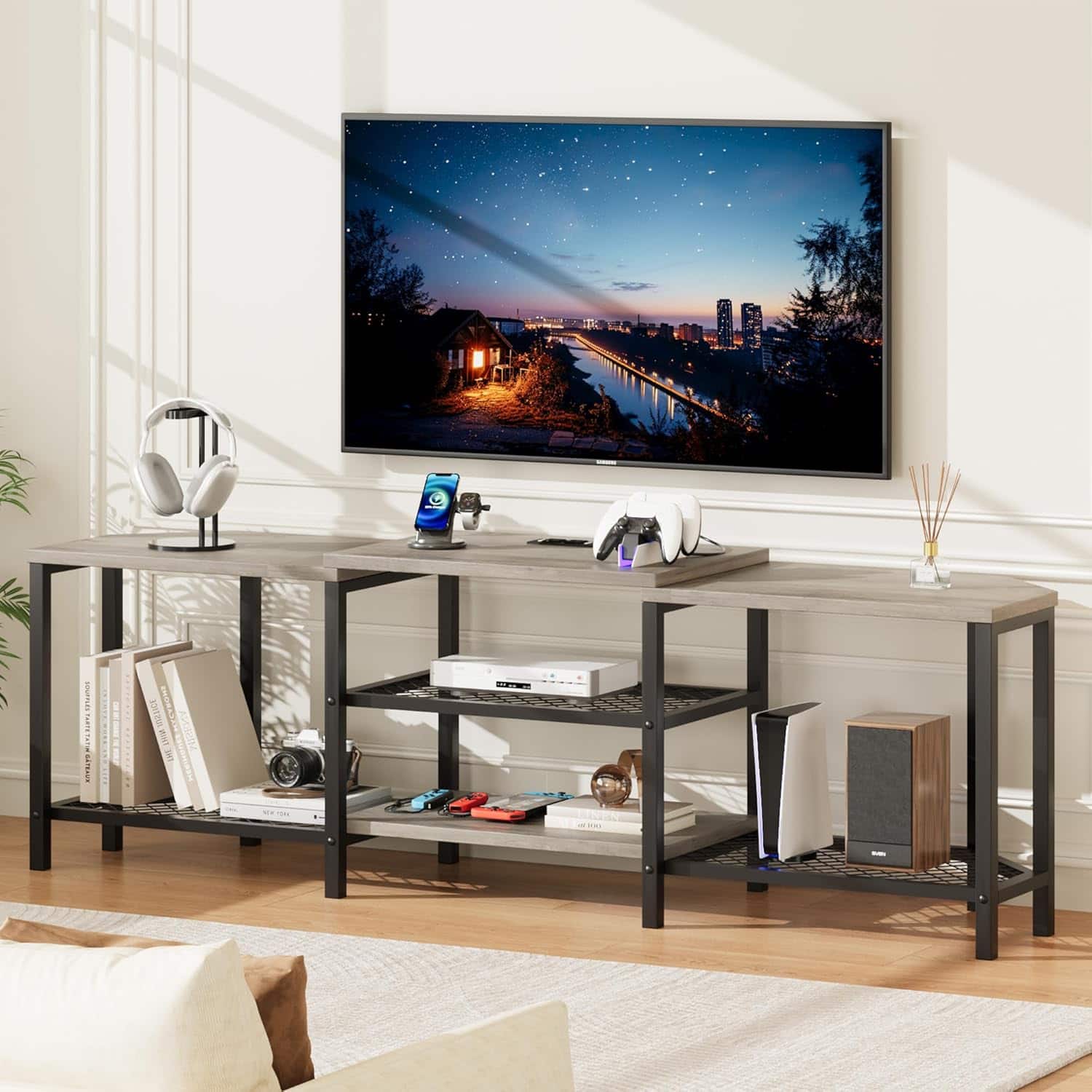 Babevy - TV Stand with 4 Open Shelves, Corner Entertainment Center with Power Outlets & LED Lights for Living Room, Grey - Gray