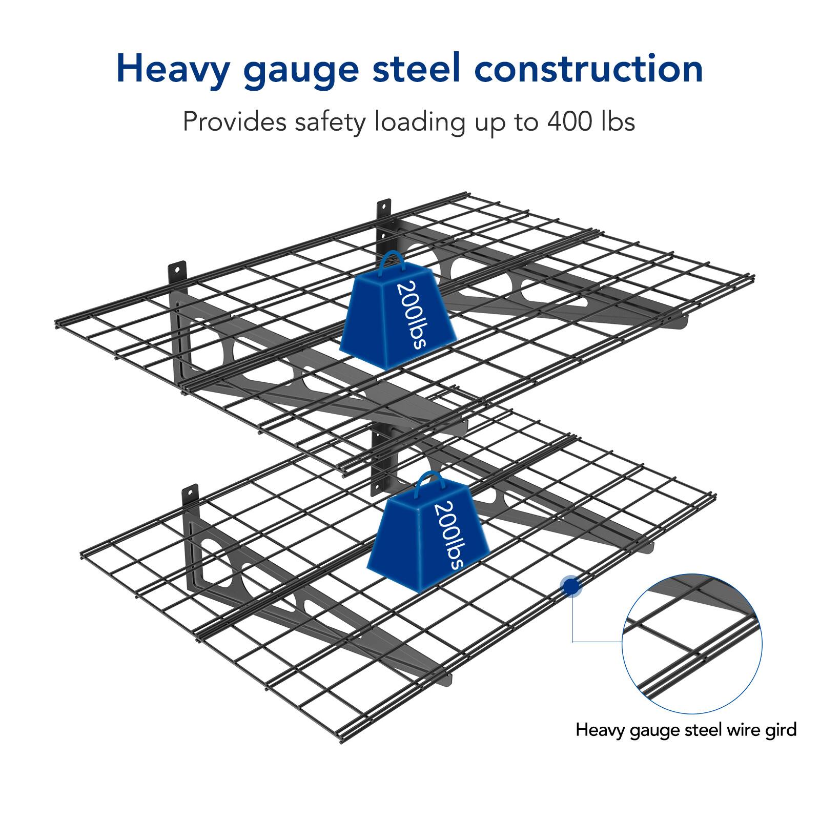 Heavy gauge steel construction  
Provides safety loading up to 400 lbs  

200lbs  
200lbs  

Heavy gauge steel wire gird