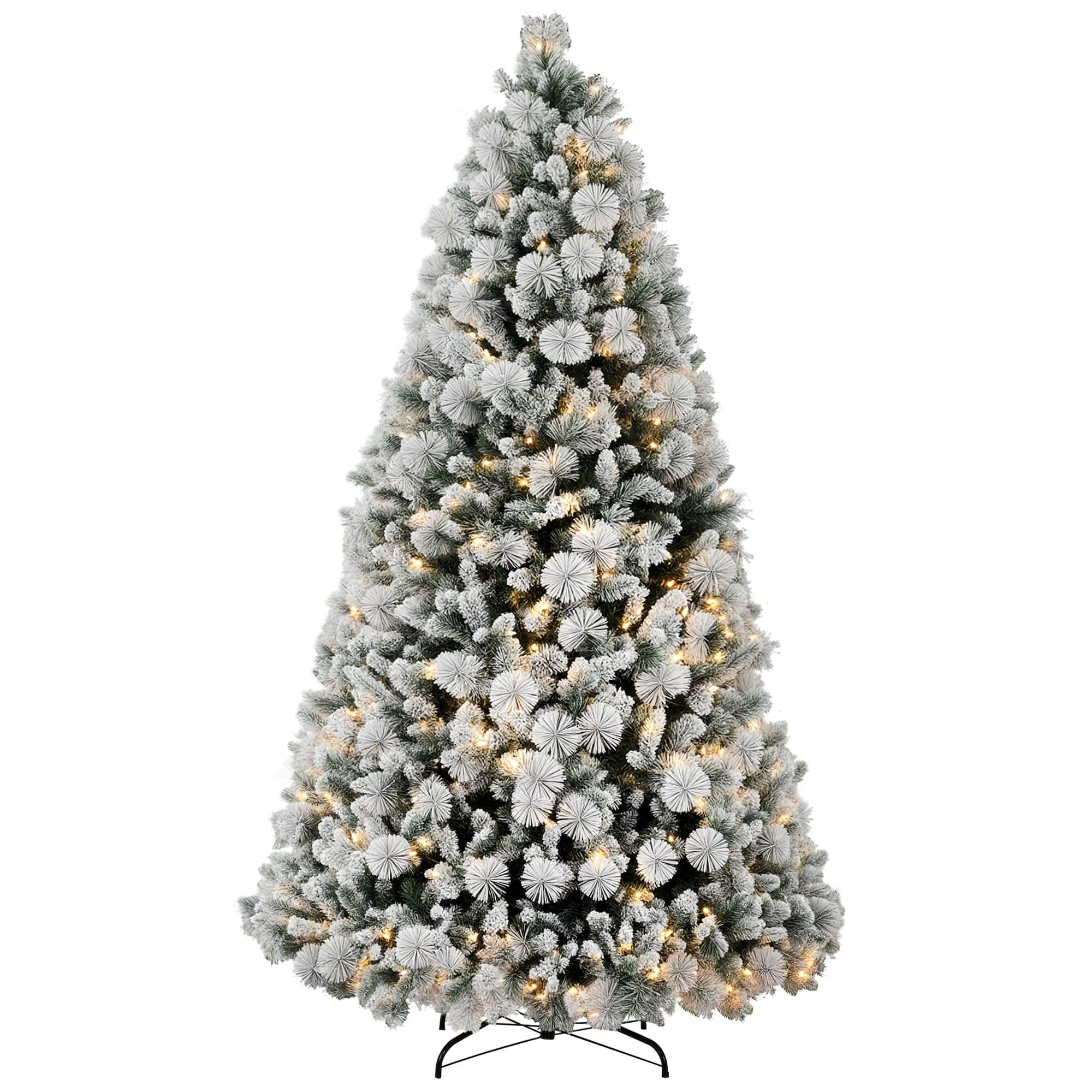 Homcom - 7.5ft Prelit Full Snow Flocked Fraser Fir Tree, 500 Clear Lights 1530 Tips - Green