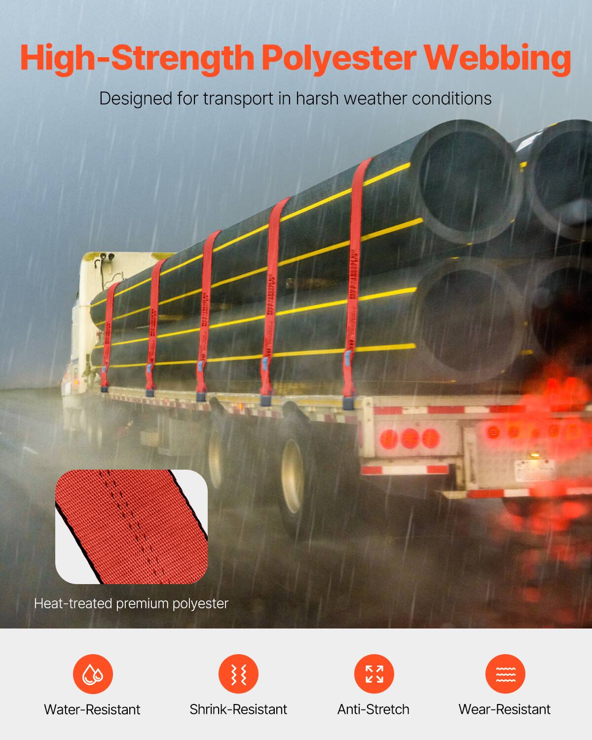 High-Strength Polyester Webbing  
Designed for transport in harsh weather conditions  

Heat-treated premium polyester  

Water-Resistant  
Shrink-Resistant  
Anti-Stretch  
Wear-Resistant