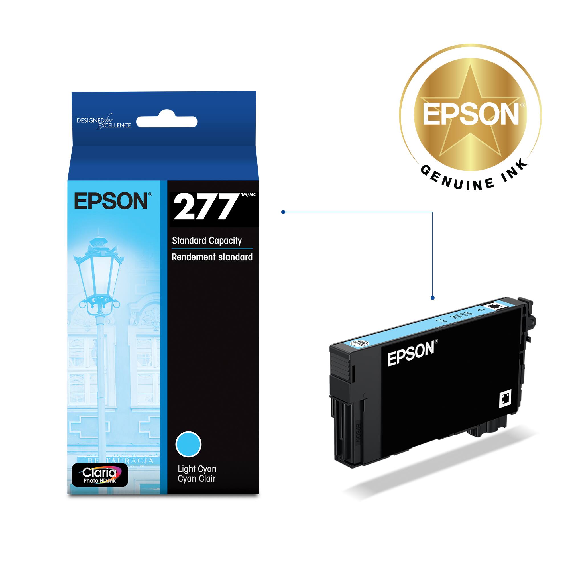 DESIGNED FOR EXCELLENCE

EPSON 277  
Standard Capacity  
Rendement standard

GENUINE INK

Claria Photo HLMRK  
Light Cyan  
Cyan Clair