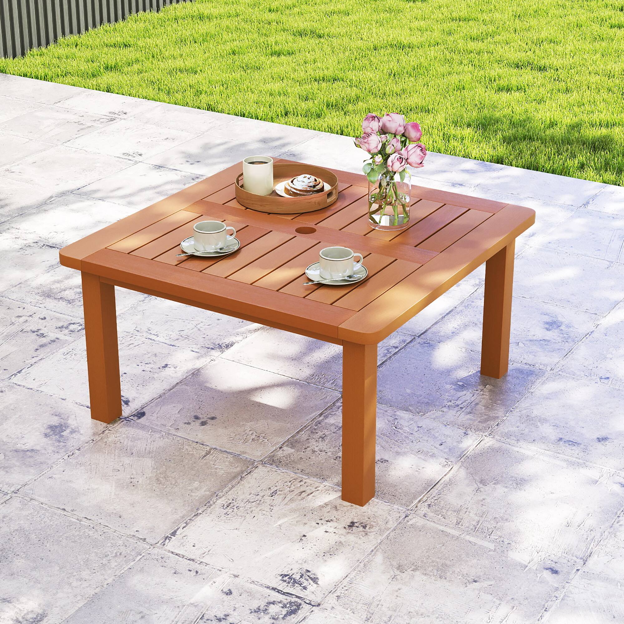 Alt View 1. Gymax - Gymax Patio Coffee Table w/ Umbrella Hole Slatted Tabletop & Teak Oil Finish - Natural.