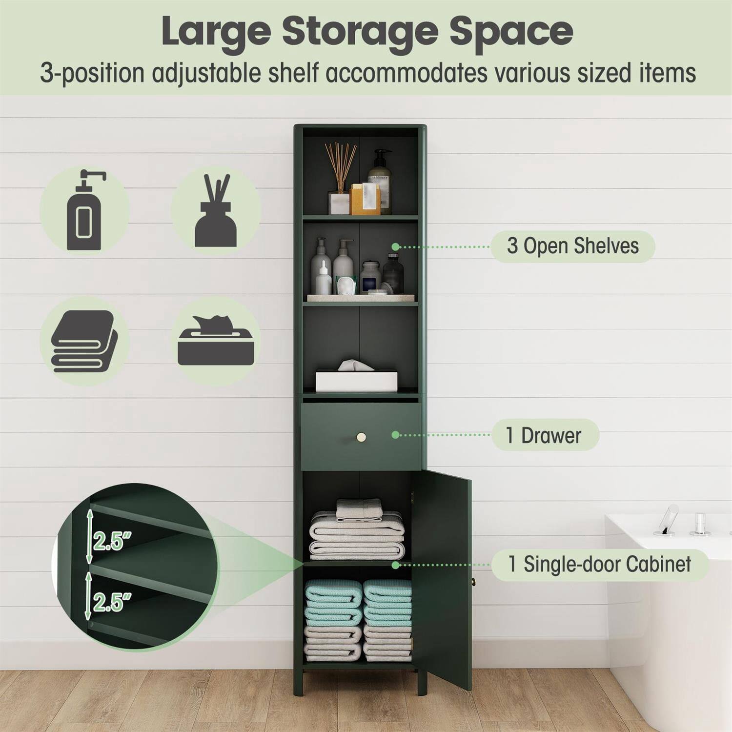 Large Storage Space  
3-position adjustable shelf accommodates various sized items  
3 Open Shelves  
1 Drawer  
1 Single-door Cabinet  
2.5"  
2.5"
