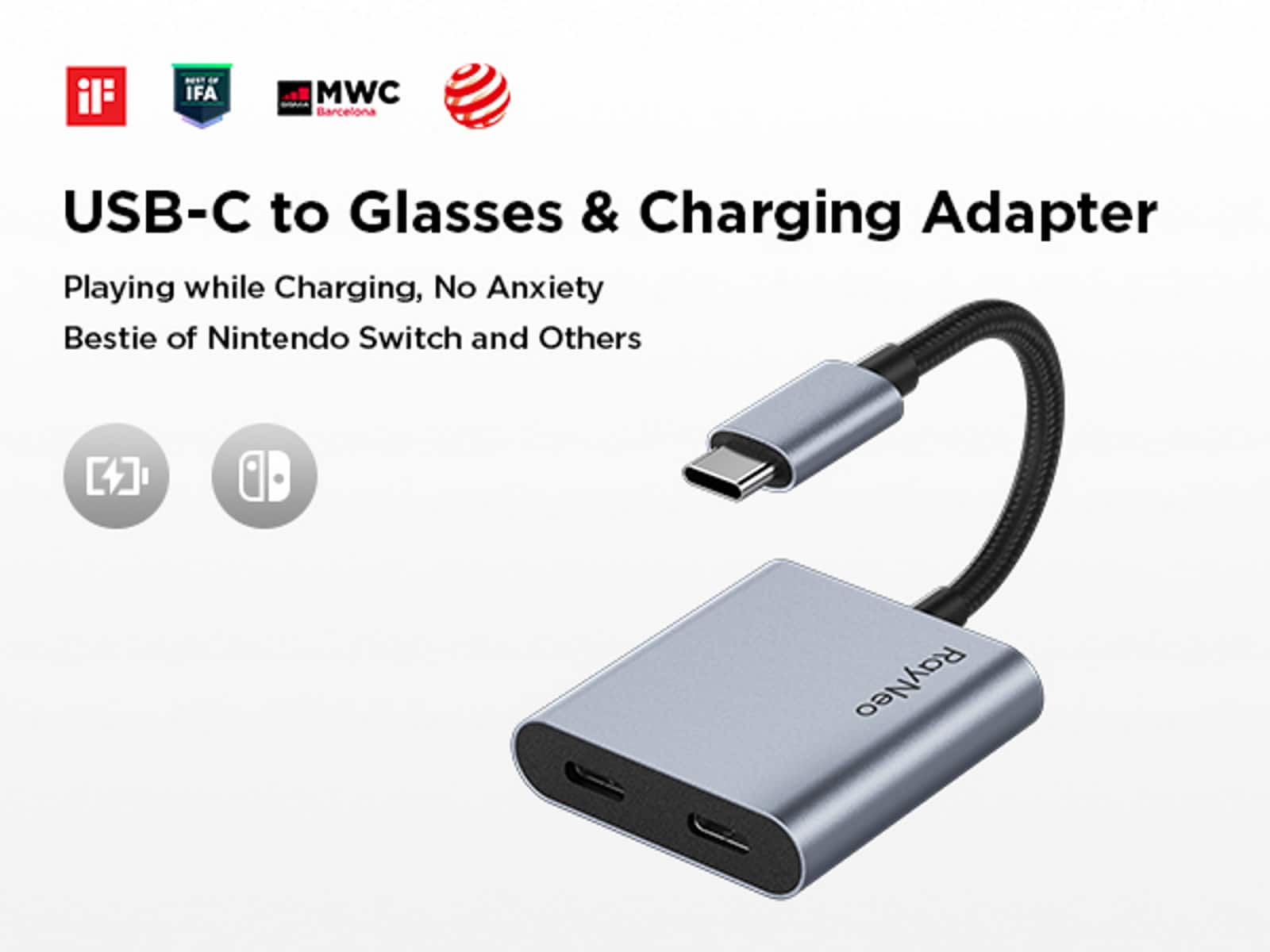 IFA MWC Barcelona USB-C to Glasses & Charging Adapter Playing while Charging, No Anxiety Bestie of Nintendo Switch and Others RayNeo
