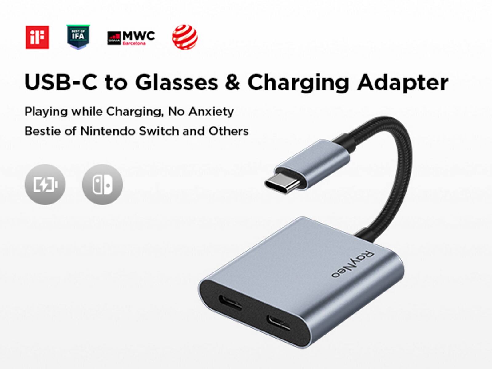 IFA MWC Barcelona USB-C to Glasses & Charging Adapter Playing while Charging, No Anxiety Bestie of Nintendo Switch and Others RayNeo