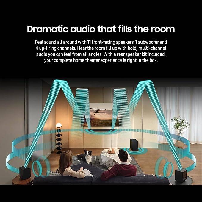 Dramatic audio that fills the room

Feel sound all around with 11 front-facing speakers, 1 subwoofer and 4 up-firing channels. Hear the room fill up with bold, multi-channel audio you can feel from all angles. With a rear speaker kit included, your complete home theater experience is right in the box.