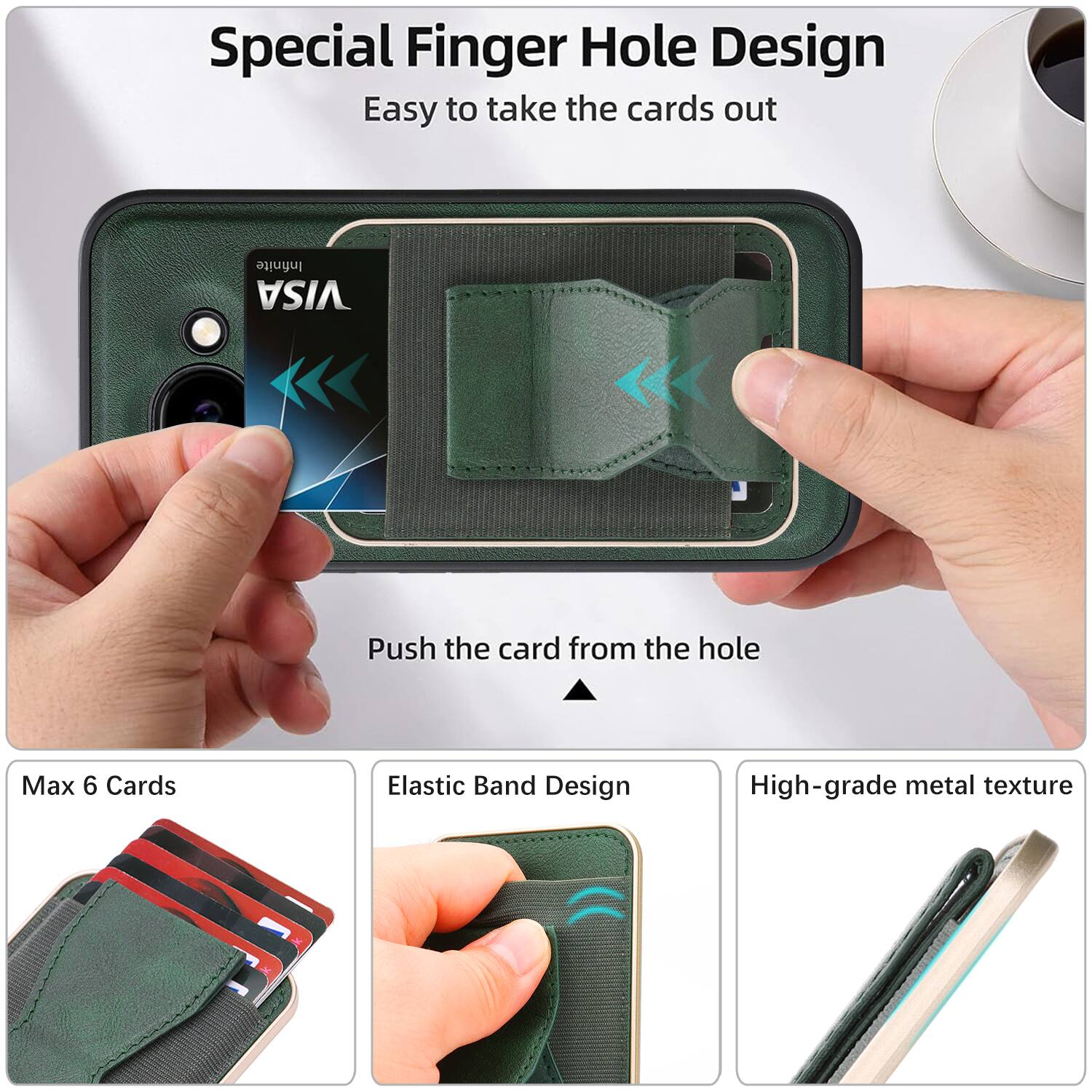 Special Finger Hole Design  
Easy to take the cards out  

Push the card from the hole  

Max 6 Cards  

Elastic Band Design  

High-grade metal texture