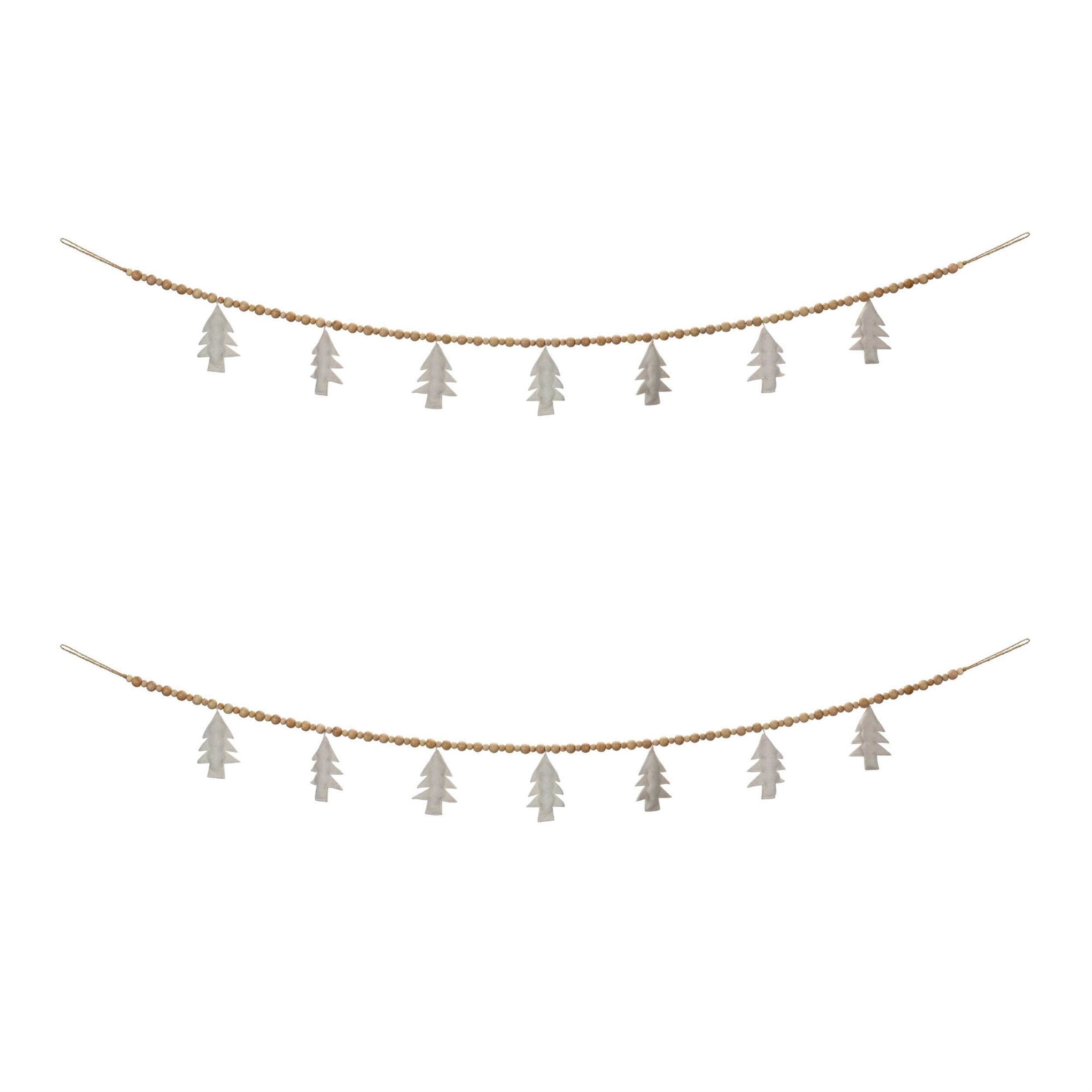 Left. BreeBe - Wood Beaded Wool Tree Garland (Set of 2) - White, Brown.