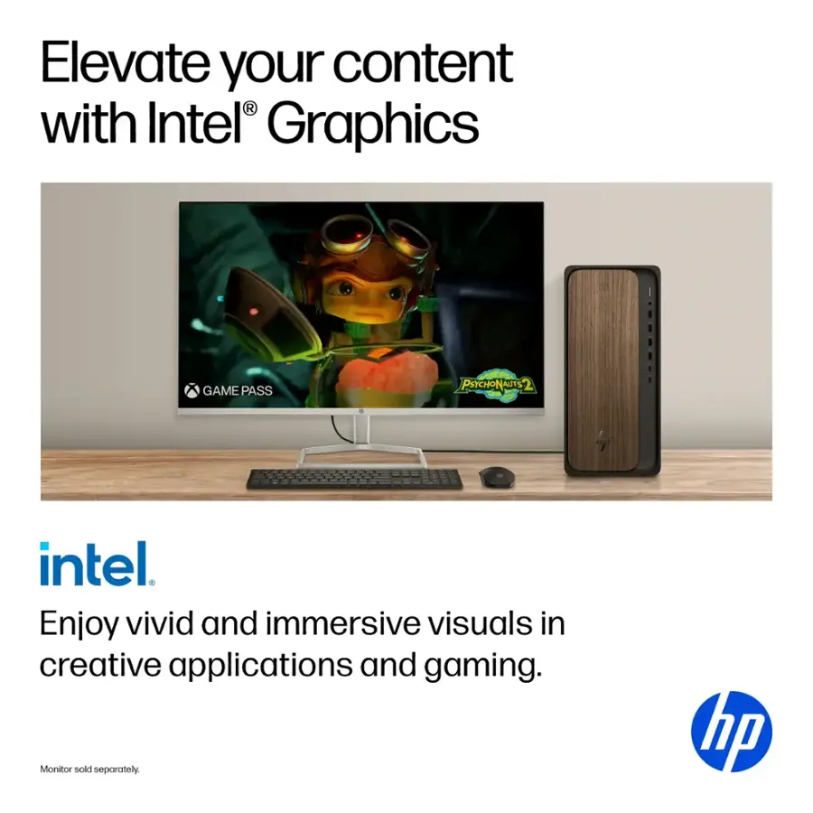 Elevate your content with Intel Graphics. Enjoy vivid and immersive visuals in creative applications and gaming. Monitor sold separately. hp.