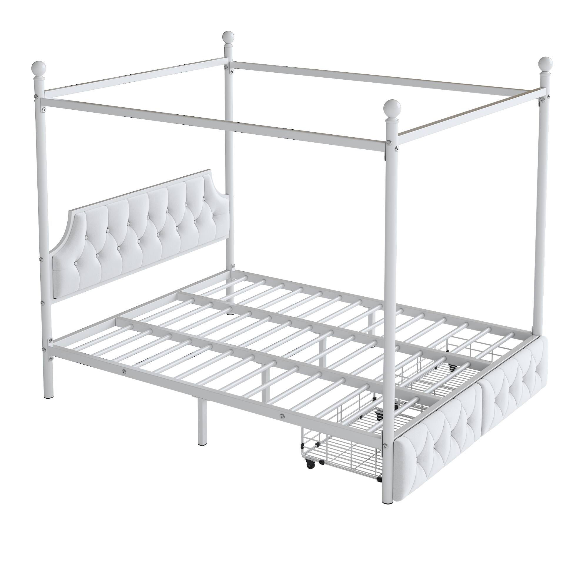 Back. LUCKY ONE - Queen Size Metal Canopy Platform Bed with Upholstered Headboard and Two Storage Drawers - White.