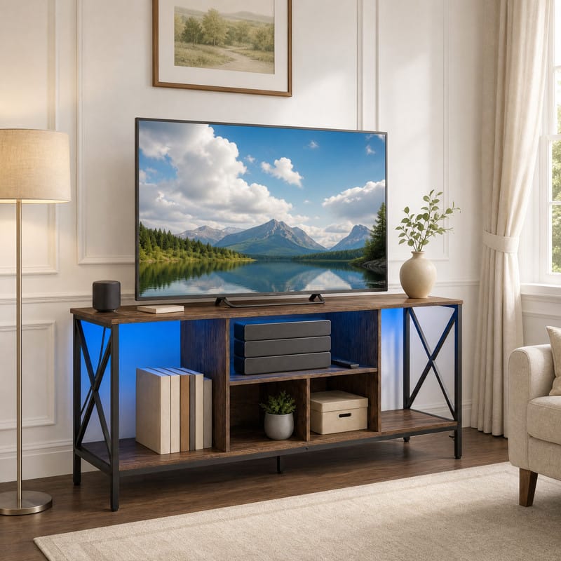 "WELLFOR - Industrial TV Stand for TVs up to 65"" with Power Outlets& LED Light, Entertainment Center Media Console Table - Brown" price history on PriceWatchPro