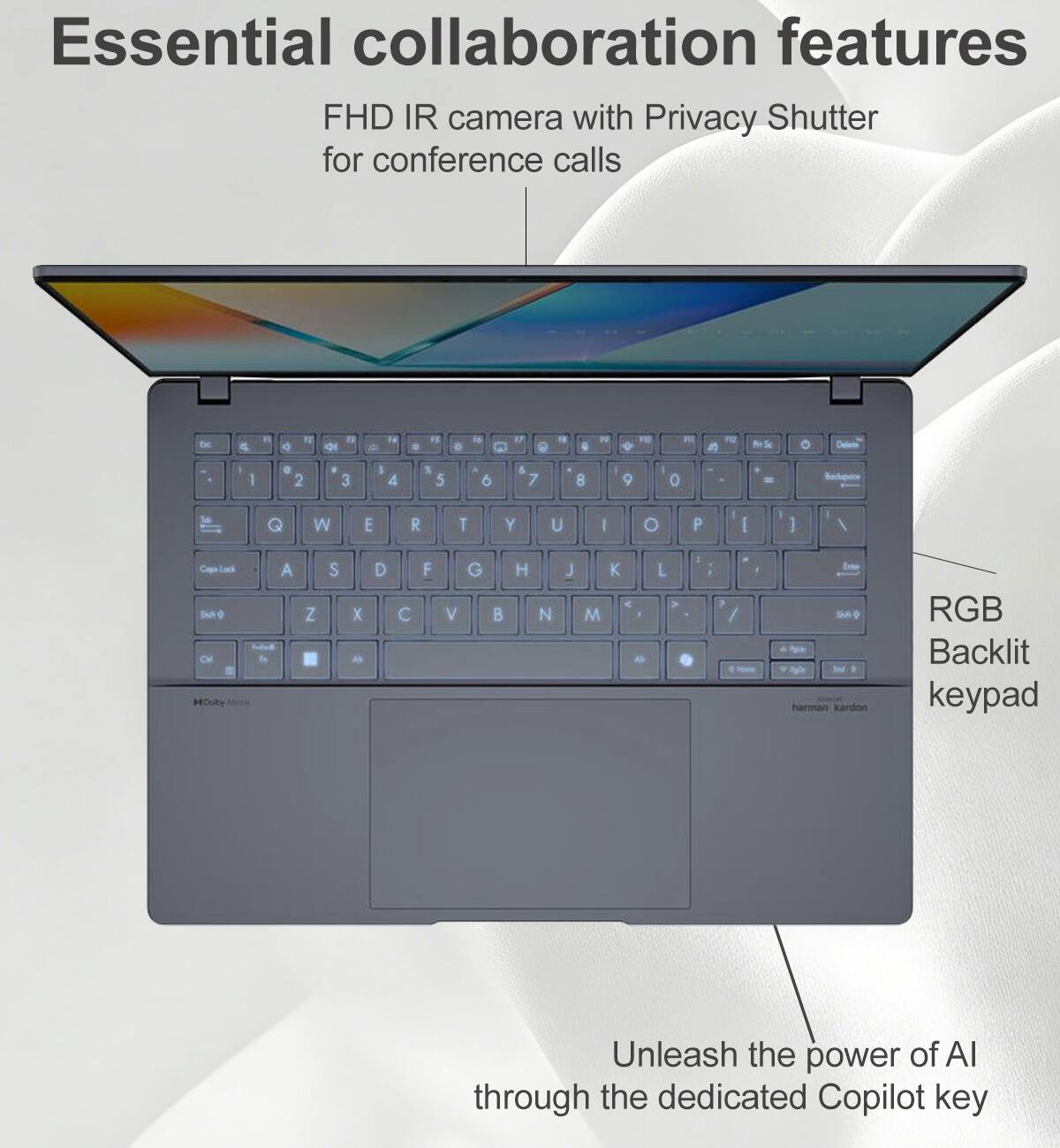 Essential collaboration features

FHD IR camera with Privacy Shutter for conference calls

RGB Backlit keypad

Unleash the power of AI through the dedicated Copilot key