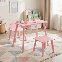 Costway - Kids Pretend Nail Salon Playset Wooden Toddlers Makeup with Chair & Stool - Light Pink-Nail Salon