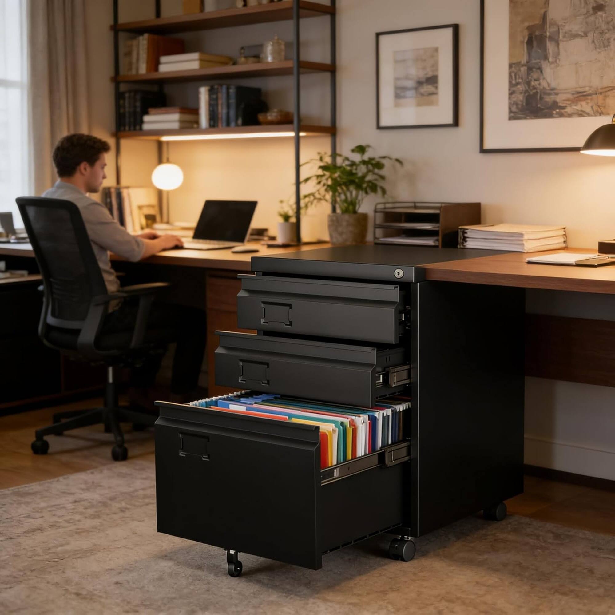 Alt View 2. Boyel Living - 3-Drawer Mobile Metal File Cabinet with Lock for Letter and A4 Files - Black.