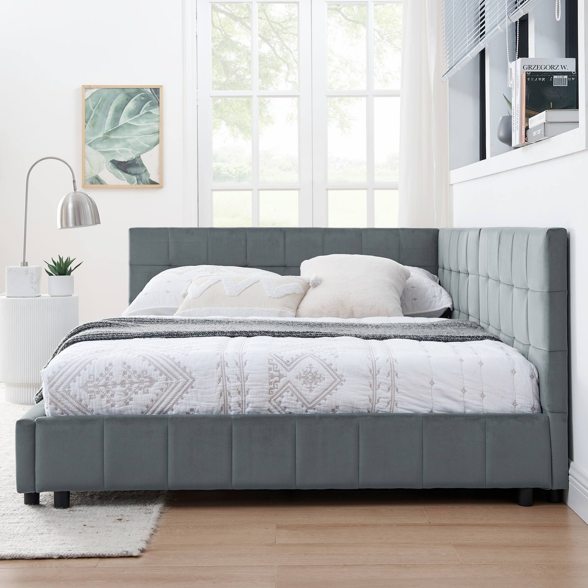 Left. Anysun - Full Velvet Tufted Sofa Bed Frame - with Comfortable Backrest & Armrests for Bedroom or Living Room - Grey.