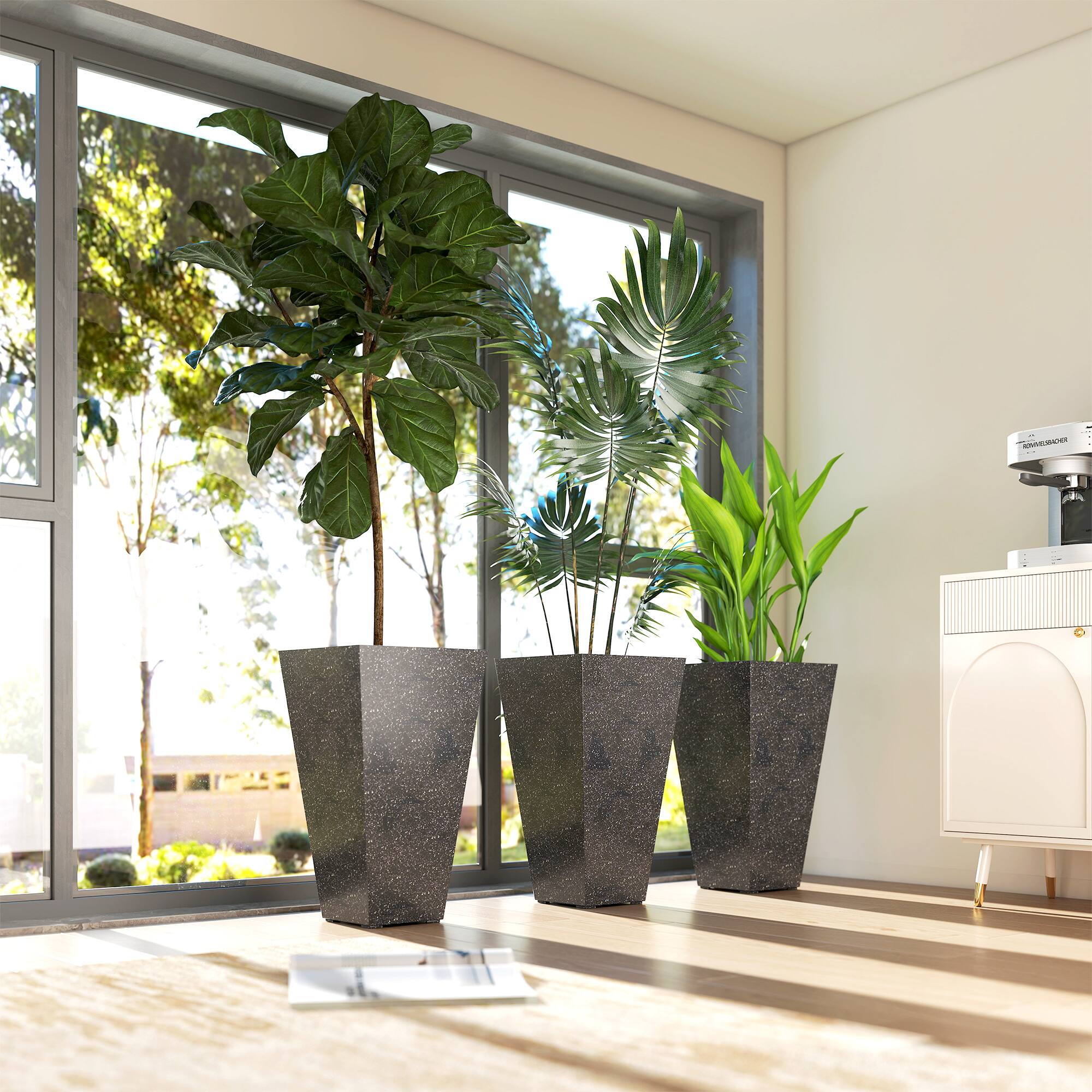 Alt View 8. Outsunny - 28 Inch Tall Planters for Outdoor Plants, Set of 3 Plastic Flower Pots with Marble Finish and Drainage Holes.