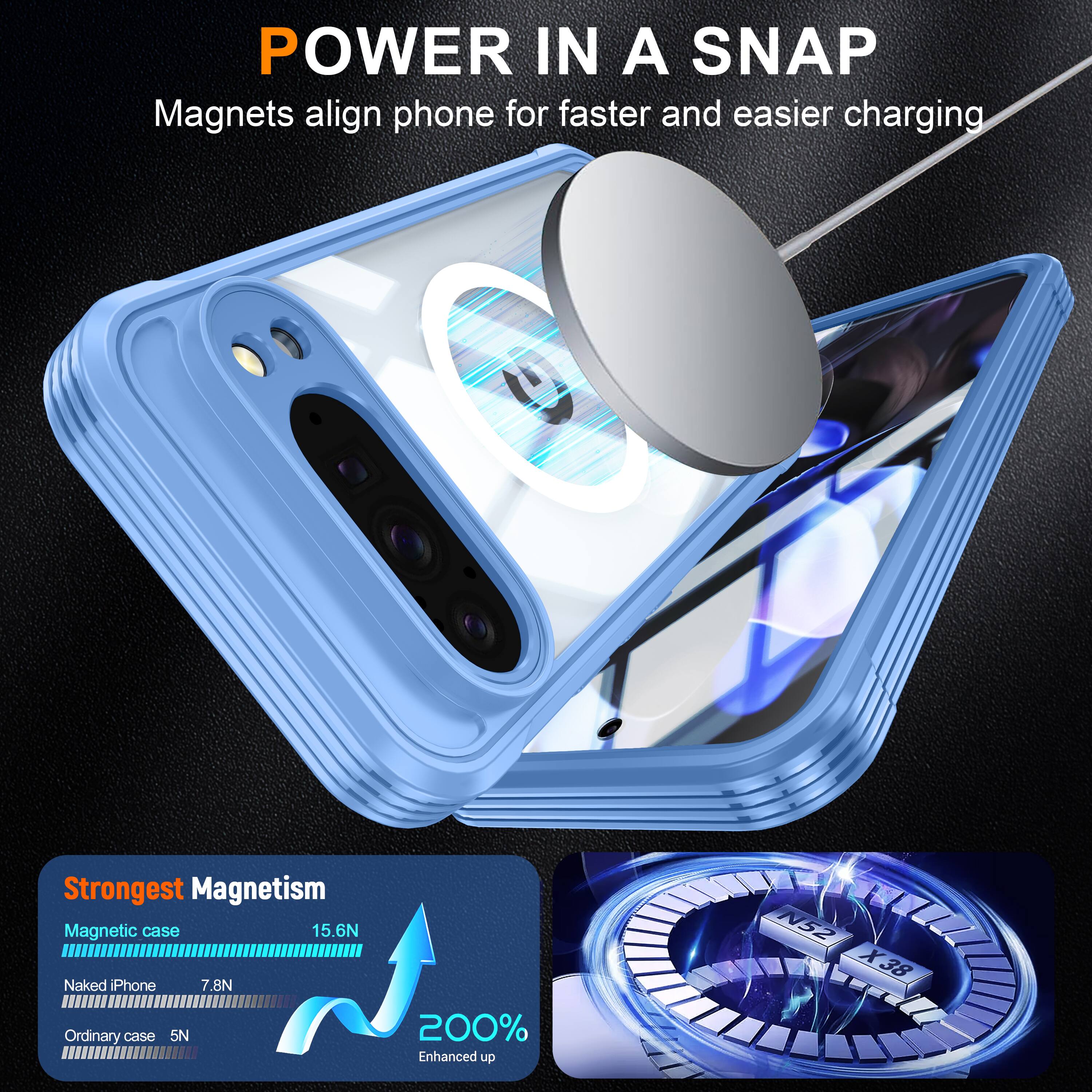 POWER IN A SNAP  
Magnets align phone for faster and easier charging  

Strongest Magnetism  
Magnetic case 15.6N  
Naked iPhone 7.8N  
Ordinary case 5N  

200% Enhanced up  
N52 X38