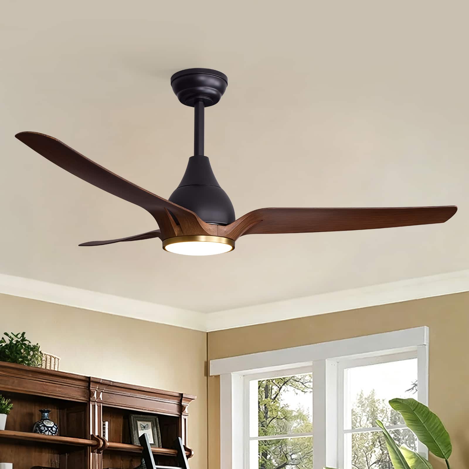 Siljoy - 52 Inch Ceiling Fan with LED Light Black Wood Grain 3 ABS Blades Hanging Ceiling Fan for Bedroom Living Room - Brown