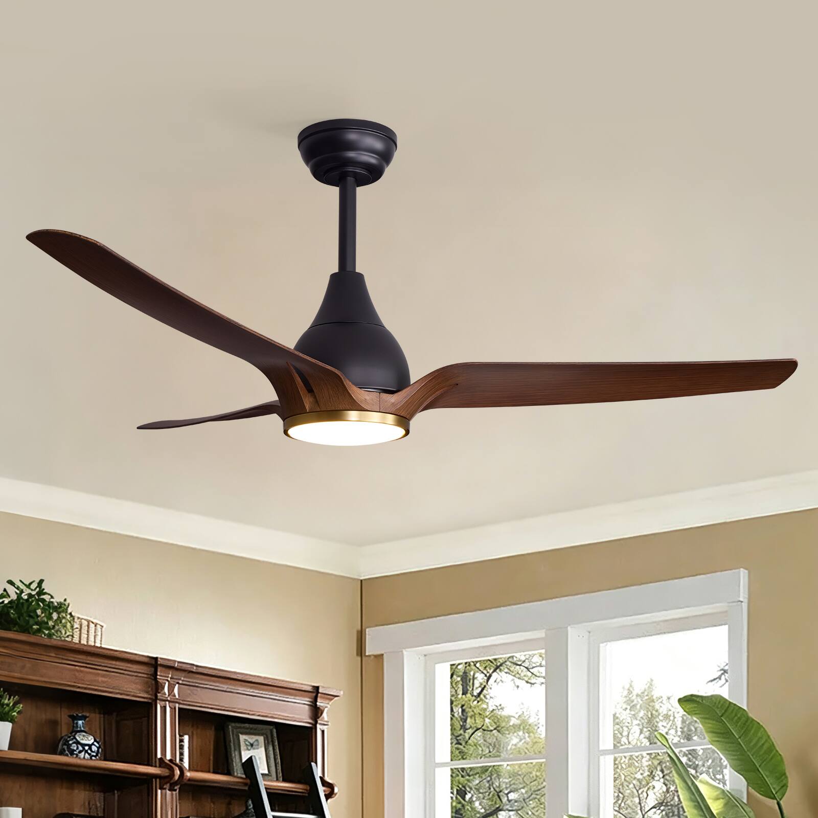 Front. Siljoy - 52 Inch Ceiling Fan with LED Light Black Wood Grain 3 ABS Blades Hanging Ceiling Fan for Bedroom Living Room - Brown.
