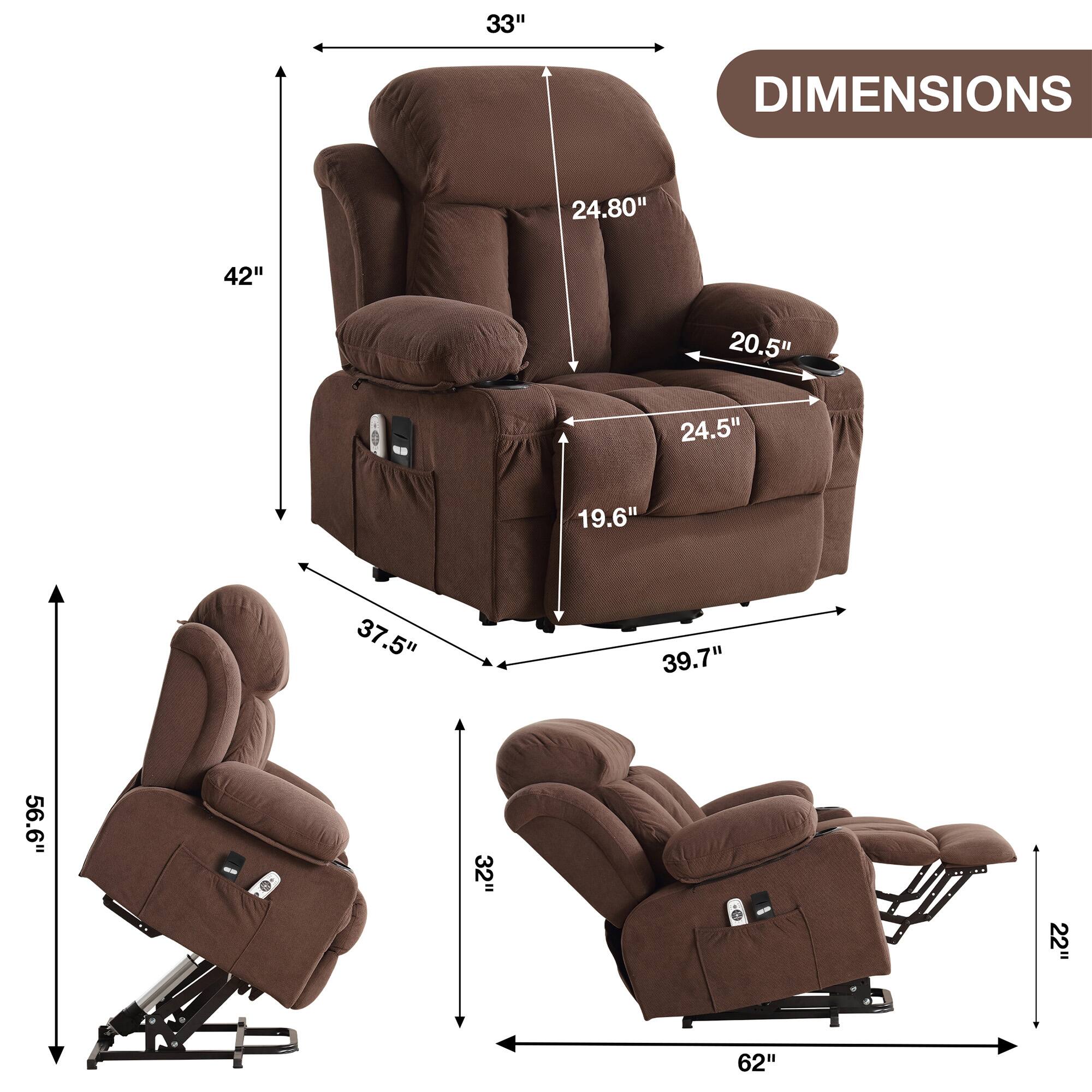 - Height: 42"
- Width: 33"
- Depth: 39.7"
- Seat Height: 19.6"
- Seat Depth: 24.5"
- Armrest Height: 24.80"
- Armrest Width: 20.5"
- Back Height: 37.5"
- Reclined Height: 56.6"
- Reclined Depth: 62"
- Footrest Height: 22"