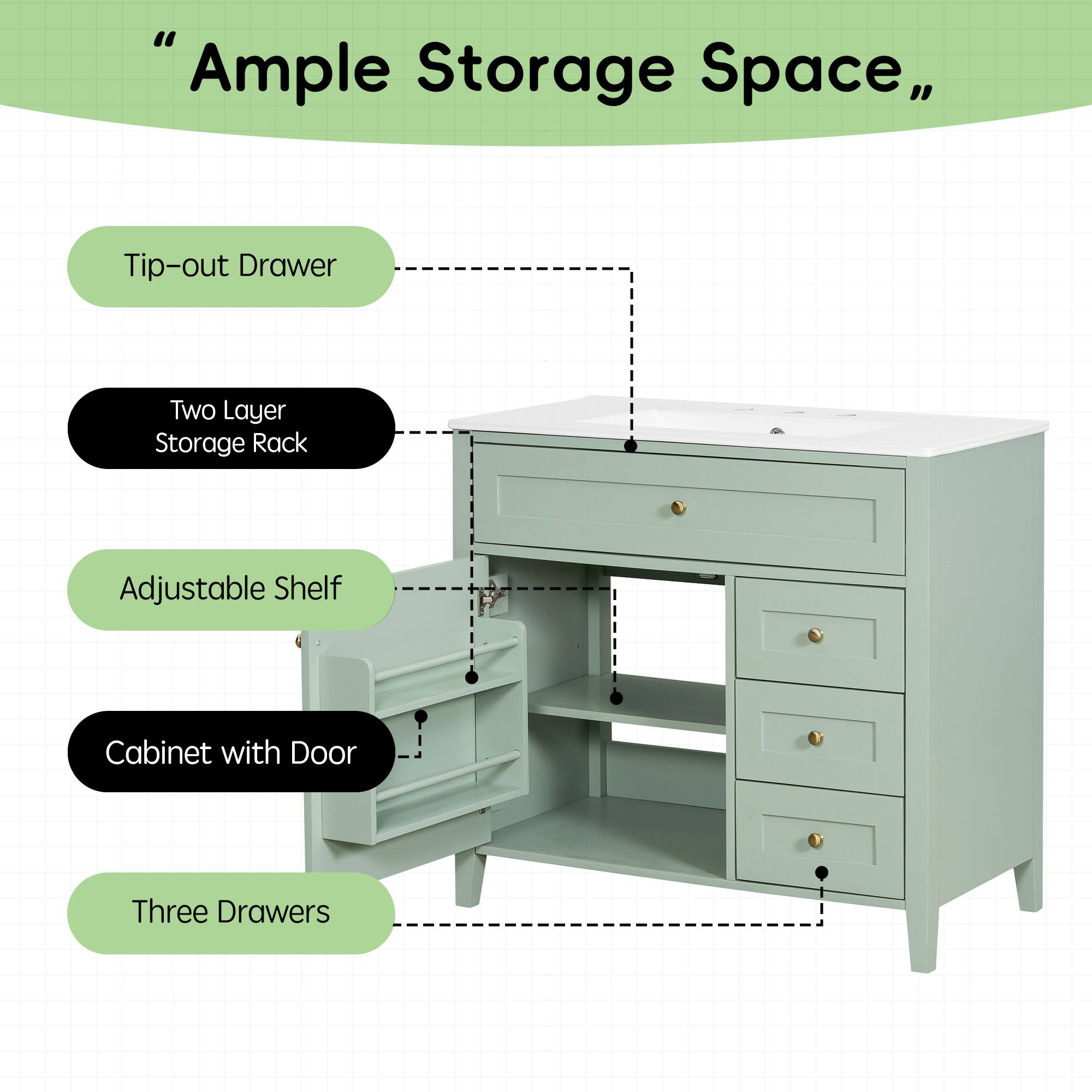 "Ample Storage Space,"

Tip-out Drawer

Two Layer Storage Rack

Adjustable Shelf

Cabinet with Door

Three Drawers