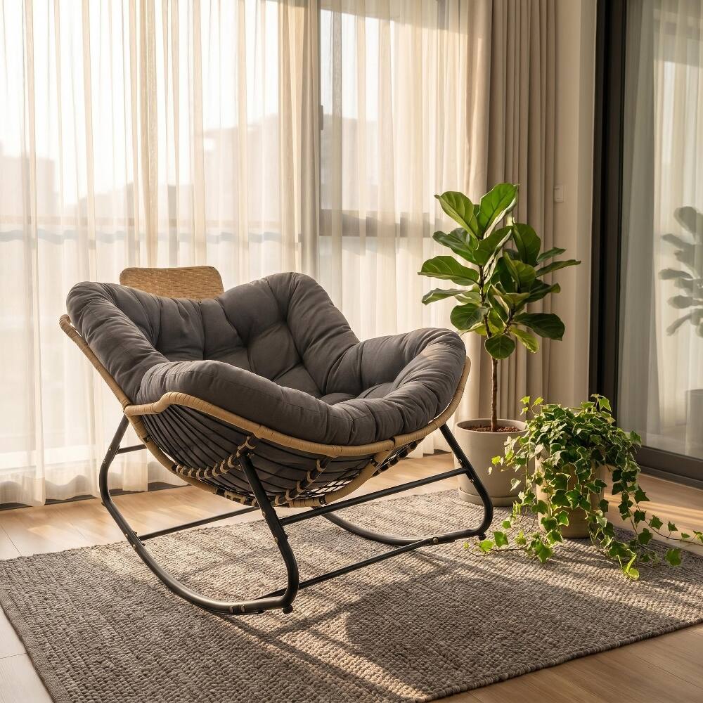 Front. Loheer - Loheer 39.37" Papasan Rocking Chair Outdoor Egg Chair Dark Grey - Dark Grey.