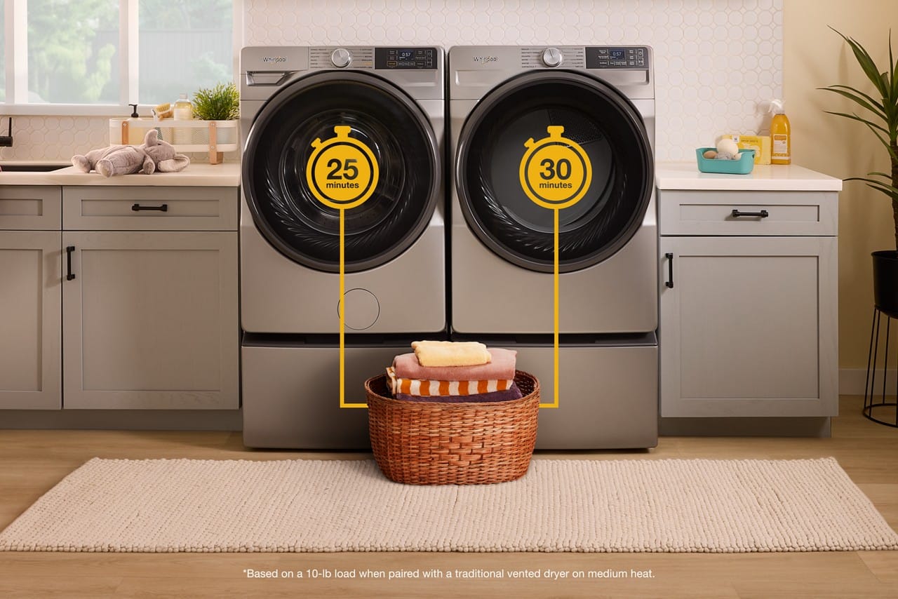 Whirlpool M 01 WE5o E1 - - 25 minutes 30 minutes "Based on a 10-lb load when paired with a traditional vented dryer on medium heat.