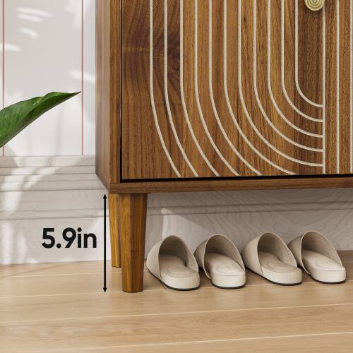 Back. LUCKY ONE - 23.6in Freestanding Shoe Cabinet with 2 Flip Drawers Line Groove Design Metal Handles for Entryway - Brown.