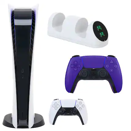 Front. Sony - PS5 Digital Console with Extra Purple Dualsense Controller and Dual Charging Dock - White.