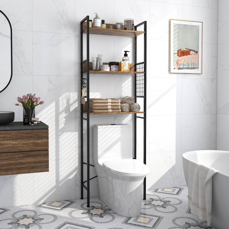 Left. SlickBlue - Space Saving 3-Tier Over Toilet Storage Shelf with 3 Hooks for Bathroom Essentials - Rustic Brown.