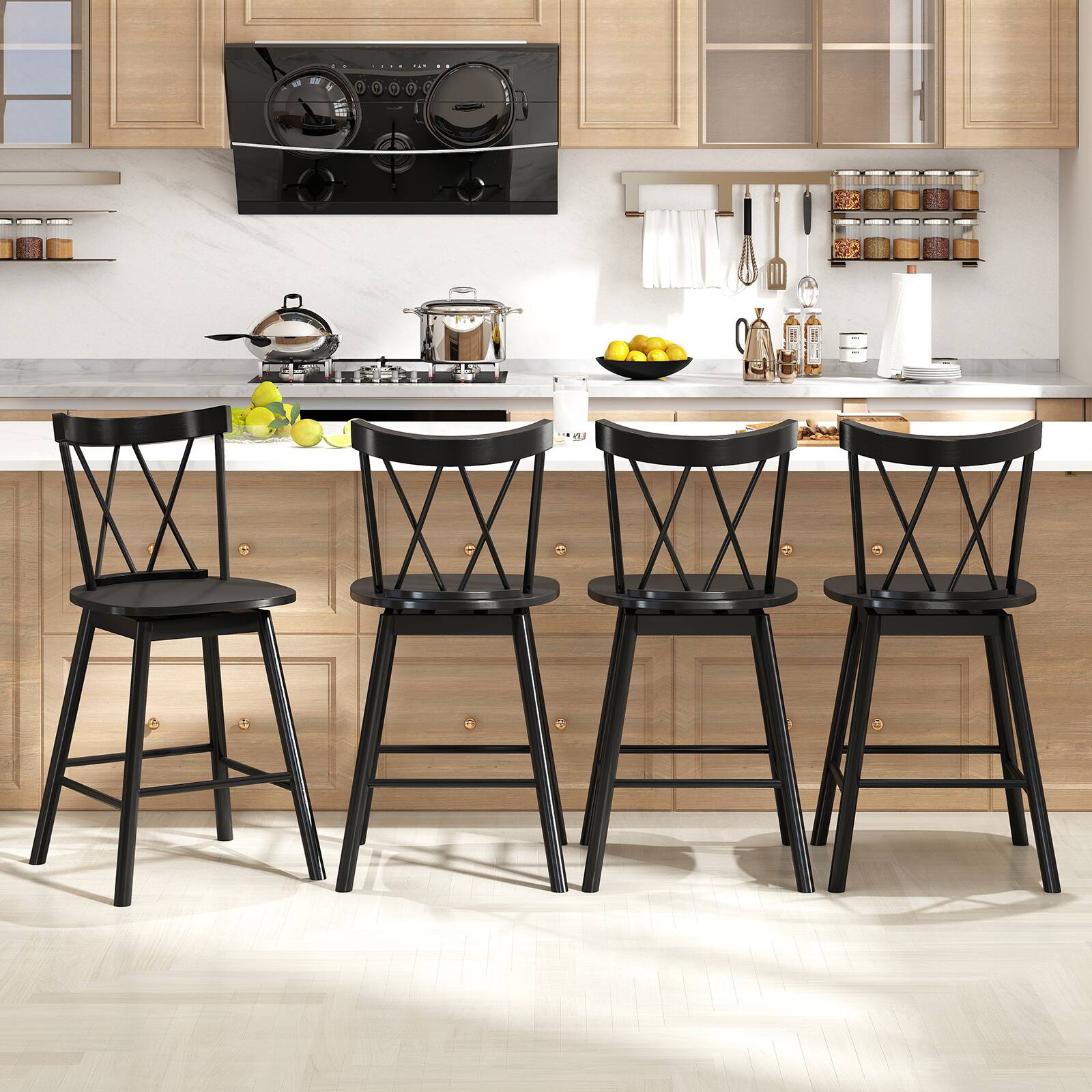 Alt View 8. Gymax - Gymax Windsor Bar Stool Set of 2 24'' Swivel Rubber Wood Dining Chairs Spacious Seat Black - Black.