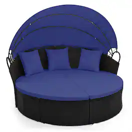 Costway - Outdoor Patio Round Daybed with Retractable Canopy Cushions Throw Pillows for Lawn - Black+Navy
