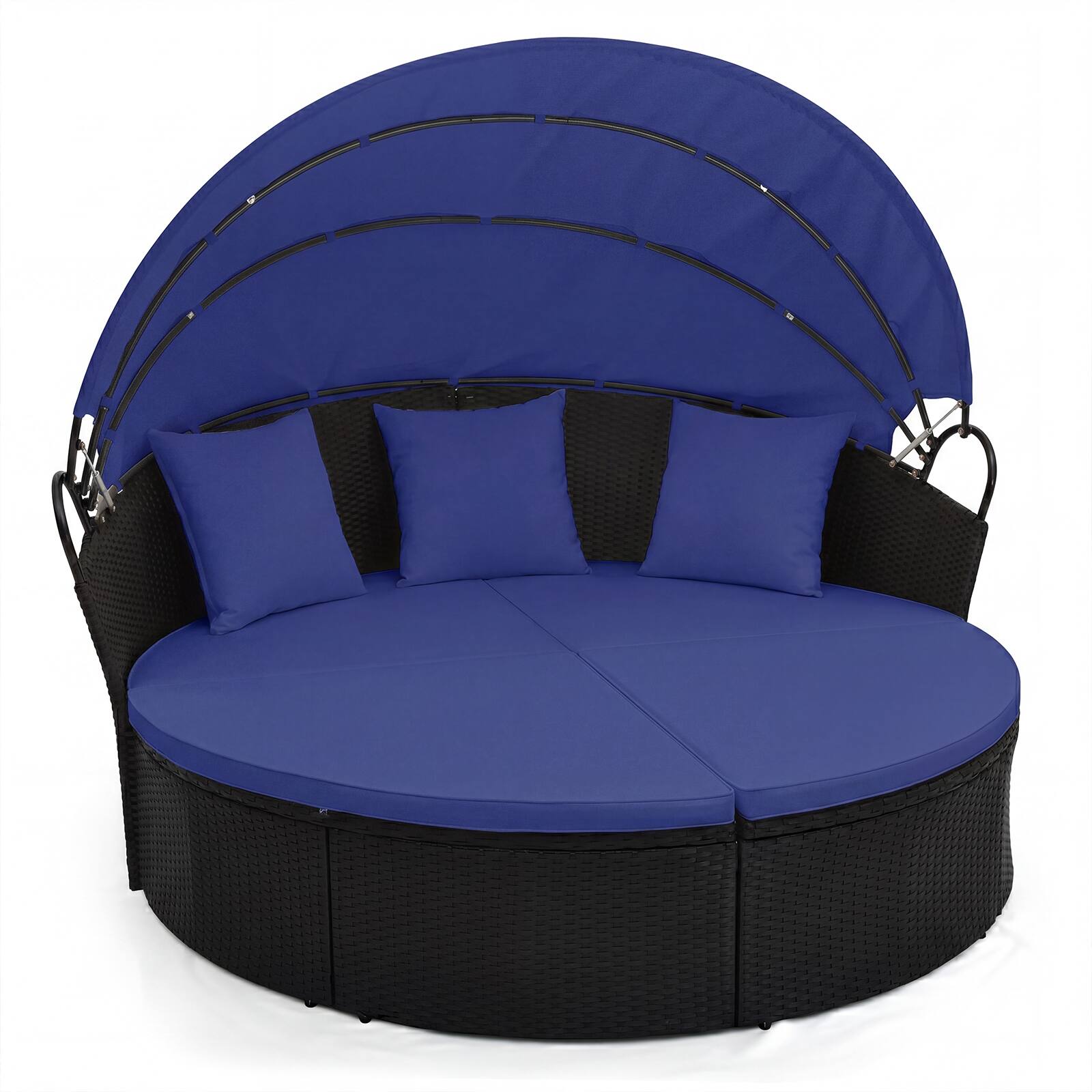 Front. Costway - Costway Outdoor Patio Round Daybed with Retractable Canopy Cushions Throw Pillows for Lawn - Black+Navy.