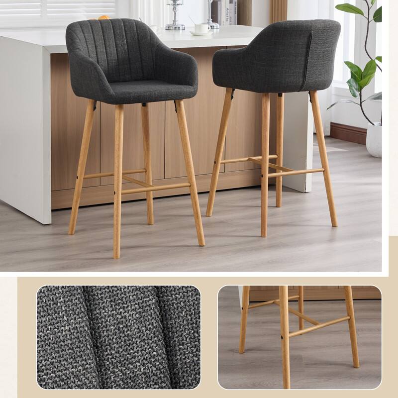 Alt View 4. HTUTWOO - Modern Bar Stools Set of 2, Ergonomic Backrest & Footrest, Linen Upholstered Tall Chairs for Kitchen Island, Home Bar - Black.