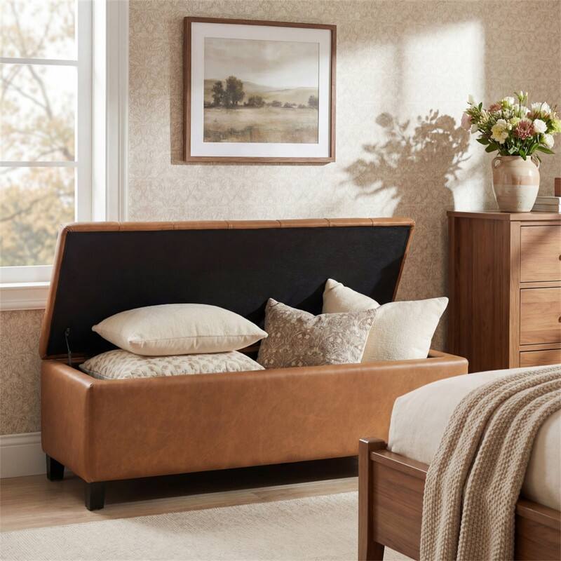 Alt View 1. HTUTWOO - Ottoman Bench with Storage - PU Surface, Rubber Wood Legs, 300 lbs Capacity, MDF/Pine/Plywood Construction - Brown.