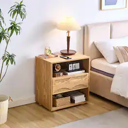 Loheer - Mid Century Modern Rattan Nightstand with Charging Station - Natural
