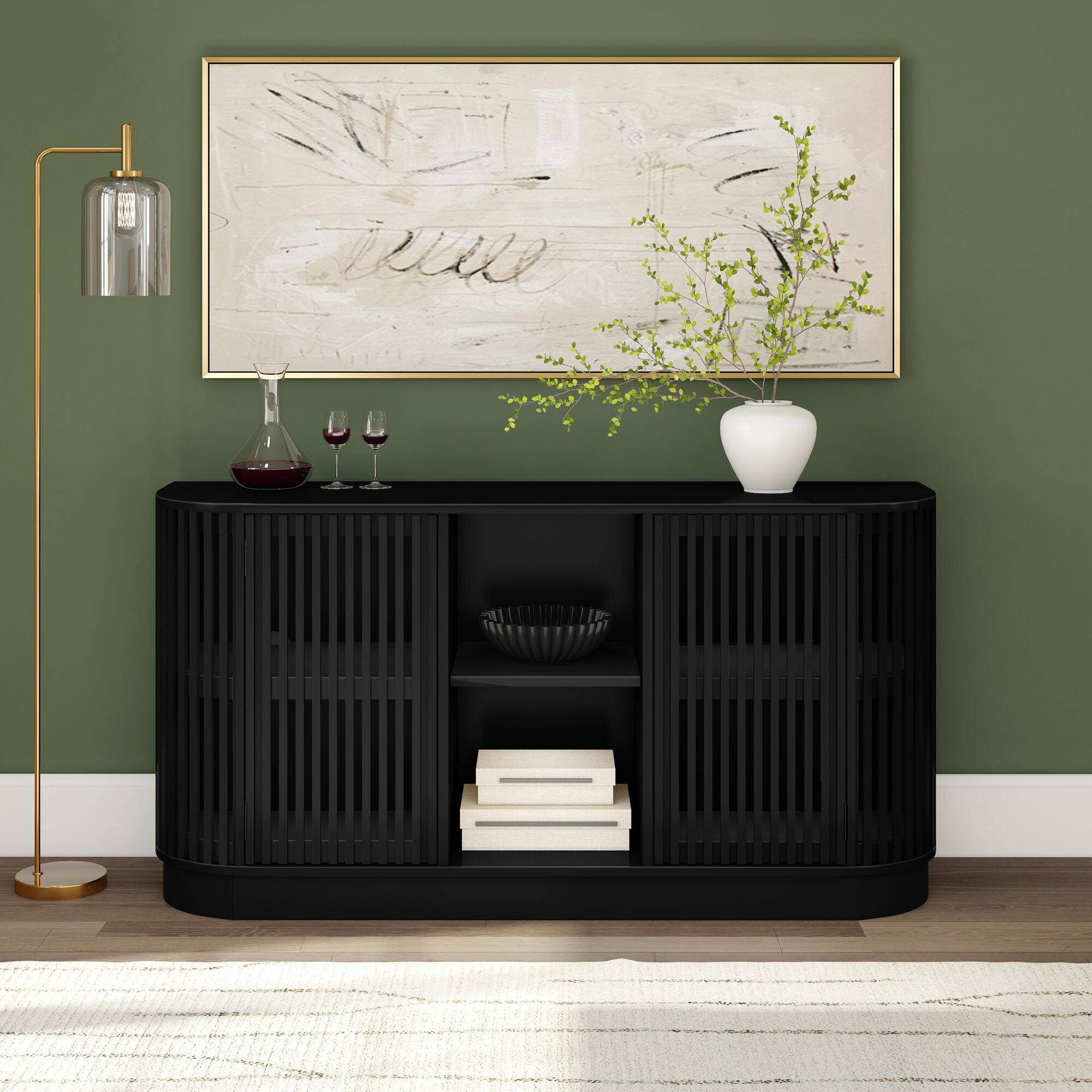 Alt View 8. Plank+Beam - Contour Sideboard, 2 Door w/ Middle Shelf (1495 x 406 x 762mm / 59 x 16 x 30in), Black - Black.