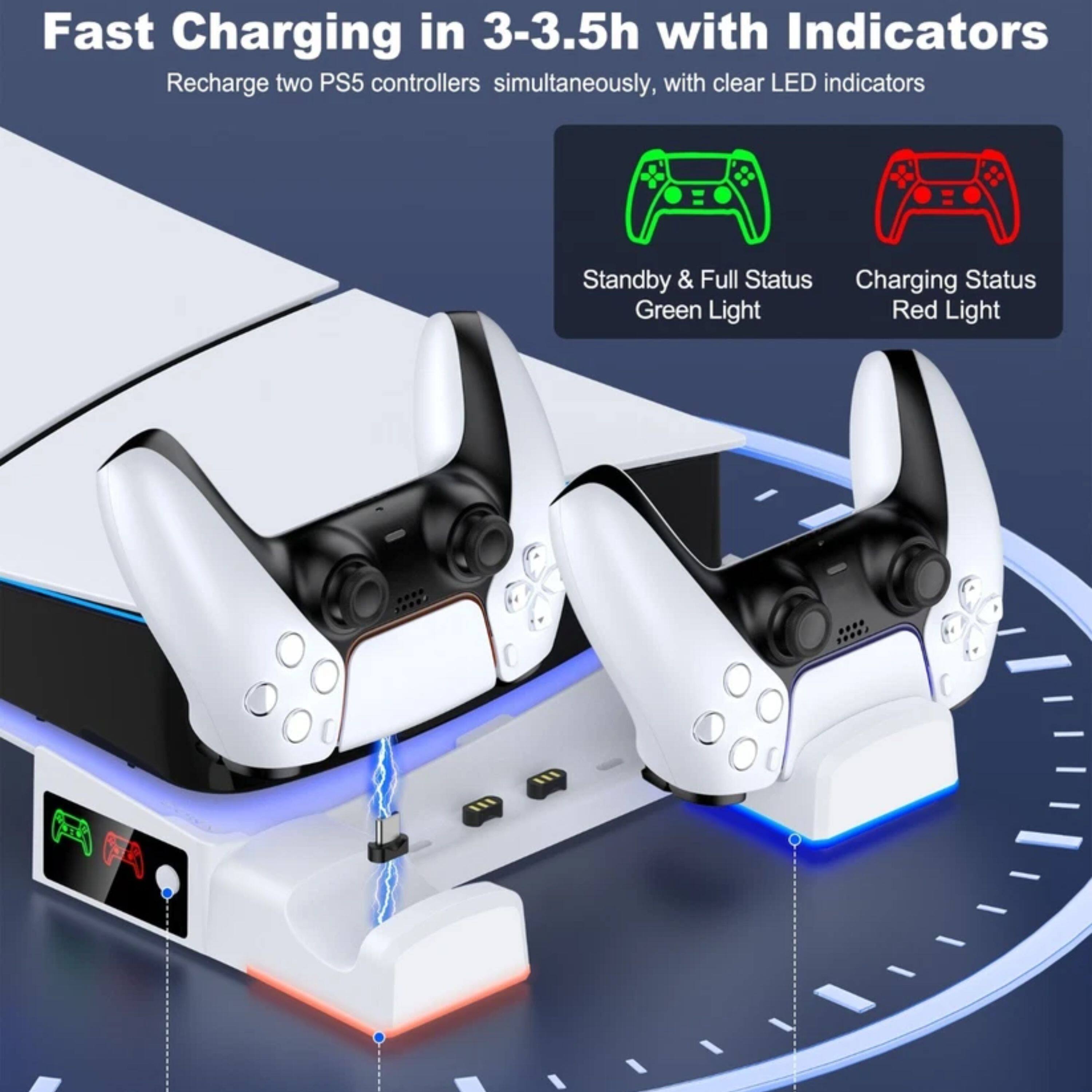 Fast Charging in 3-3.5h with Indicators

Recharge two PS5 controllers simultaneously, with clear LED indicators

Standby & Full Status Green Light

Charging Status Red Light