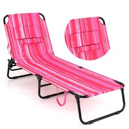 Costway - Beach Chaise Lounge Chair with Face Hole Pillows & 5-Position Adjustable Backrest - Light Pink