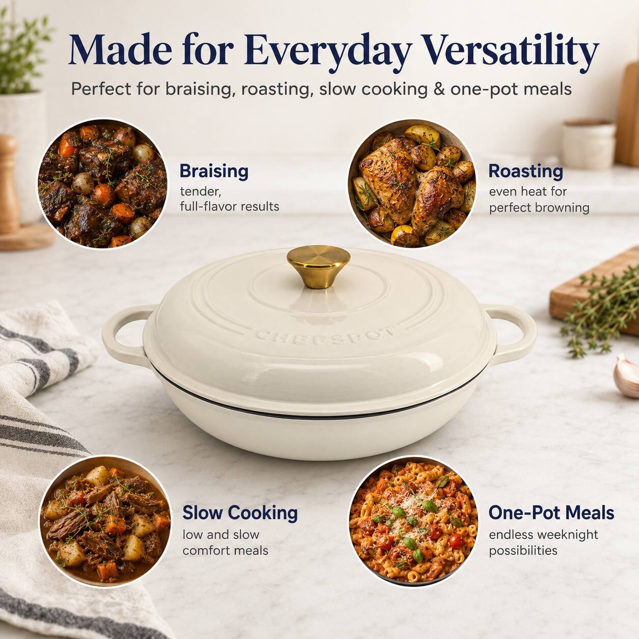 Made for Everyday Versatility  
Perfect for braising, roasting, slow cooking & one-pot meals

Braising  
tender, full-flavor results

Roasting  
even heat for perfect browning

Slow Cooking  
low and slow comfort meals

One-Pot Meals  
endless weeknight possibilities