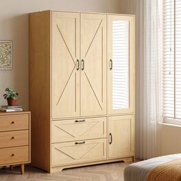 MERAVOM - Wardrobe Closet with Mirror, 4 Doors and 2 Drawers, Wooden Wardrobe Storage Cabinet with Hanging Rod, Adjustable Shelves - Natural