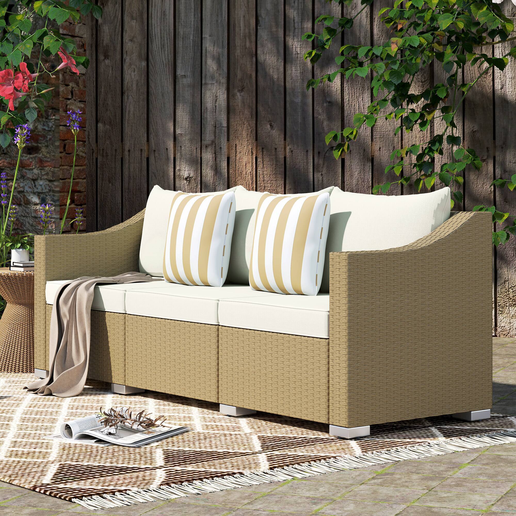 Alt View 1. Outsunny - Wicker 3 Seater Patio Couch with Cushions, 2 Throw Pillows, Outdoor Furniture Rattan Sofa - Cream White.