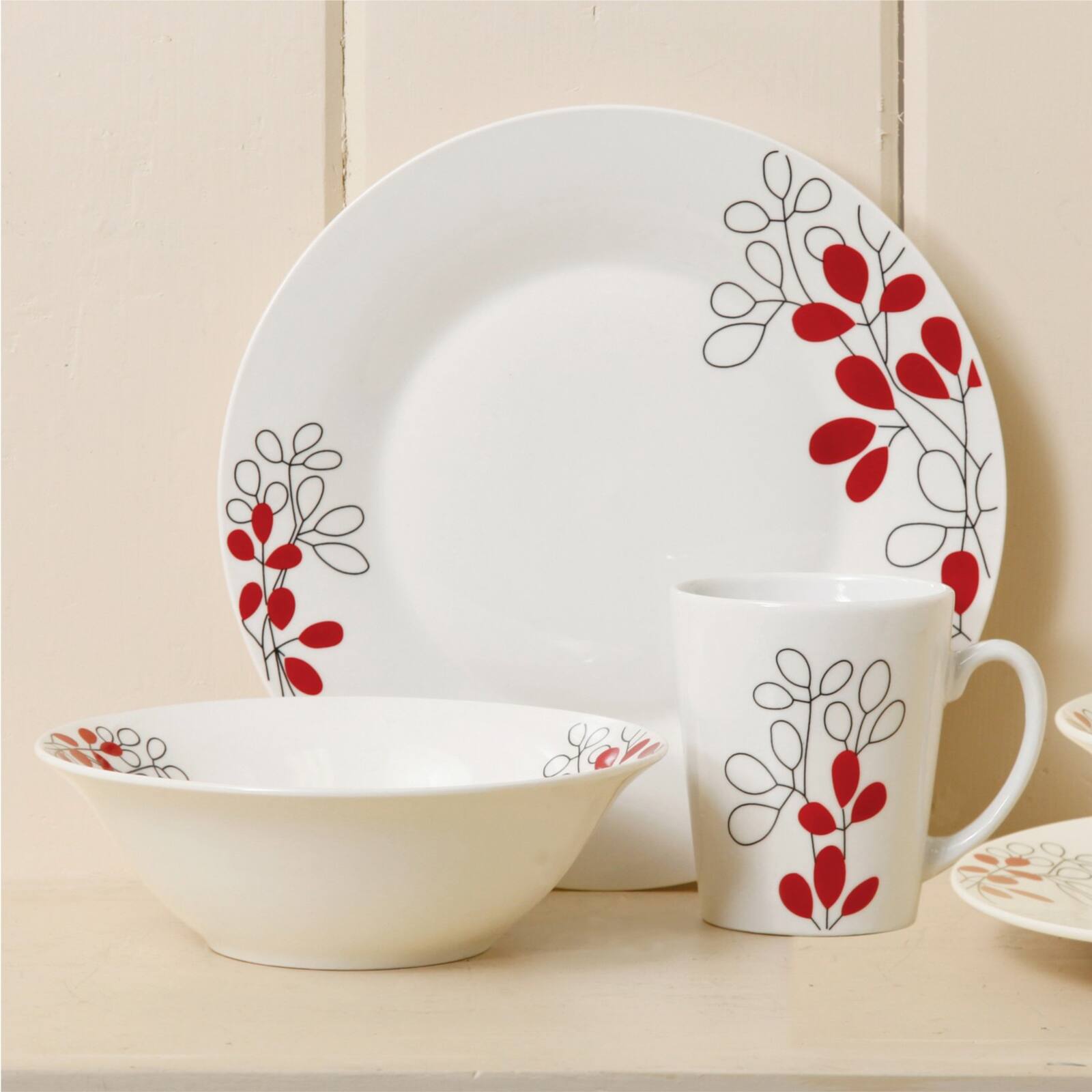 Alt View 4. Gibson - Gibson Scarlet Leaves 12 pc Dinnerware Set - White and Red.