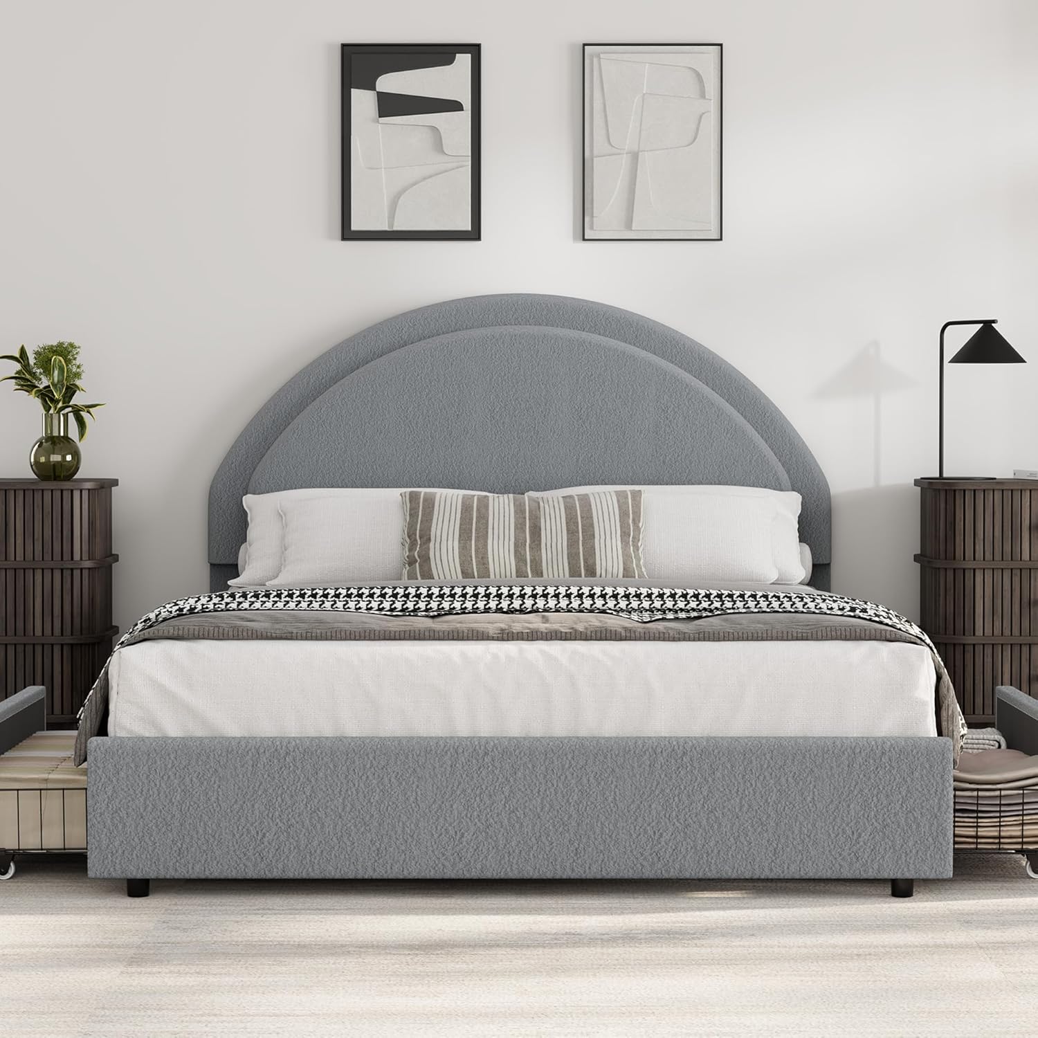 Front. Homhougo - Full Size Boucle Bed Frame with 2 Storage Drawers, Soft Upholstered Platform Bed Frame with Round Headboard, Heavy - Grey.
