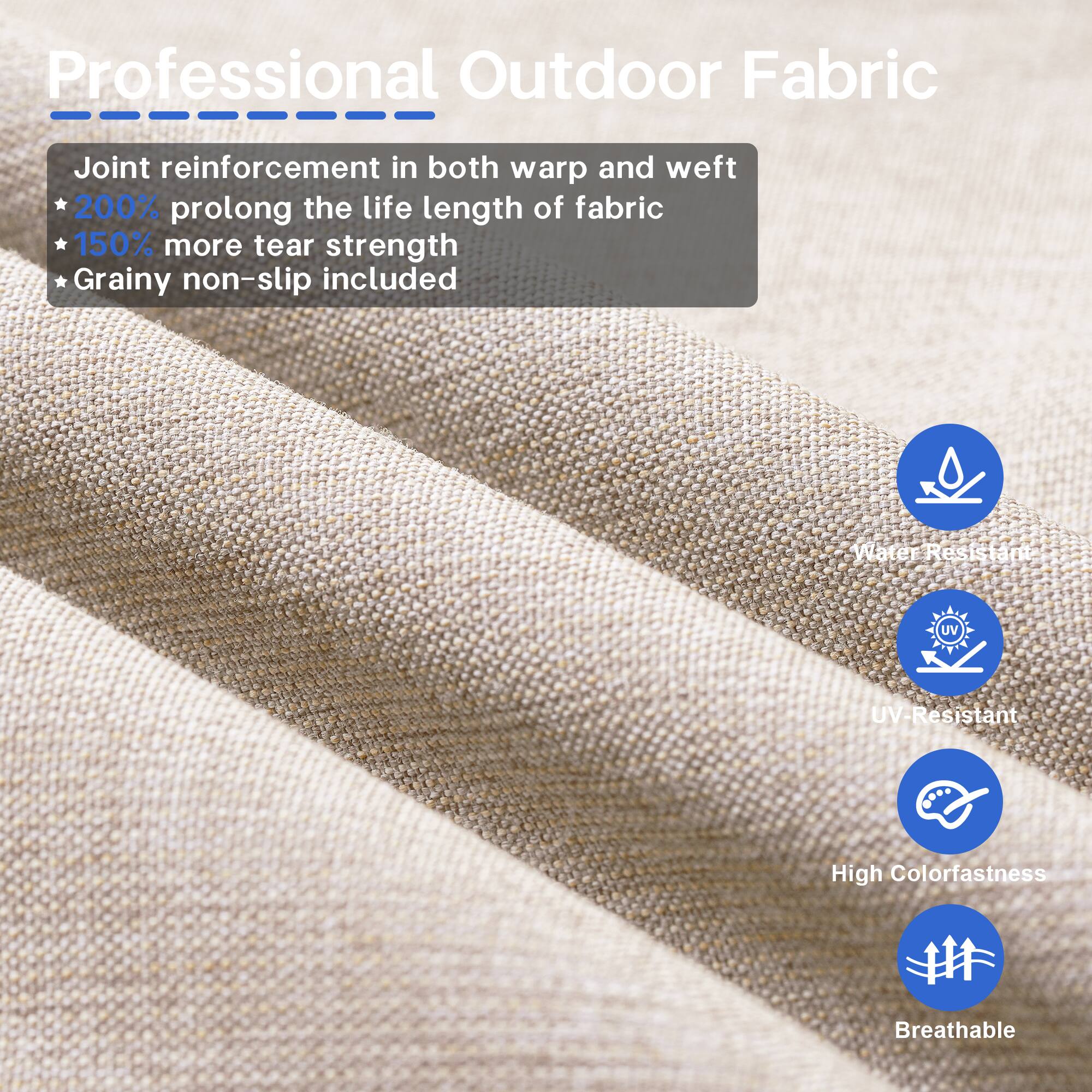 Professional Outdoor Fabric

- Joint reinforcement in both warp and weft
- 200% prolong the life length of fabric
- 150% more tear strength
- Grainy non-slip included

- Water Resistant
- UV-Resistant
- High Colorfastness
- Breathable