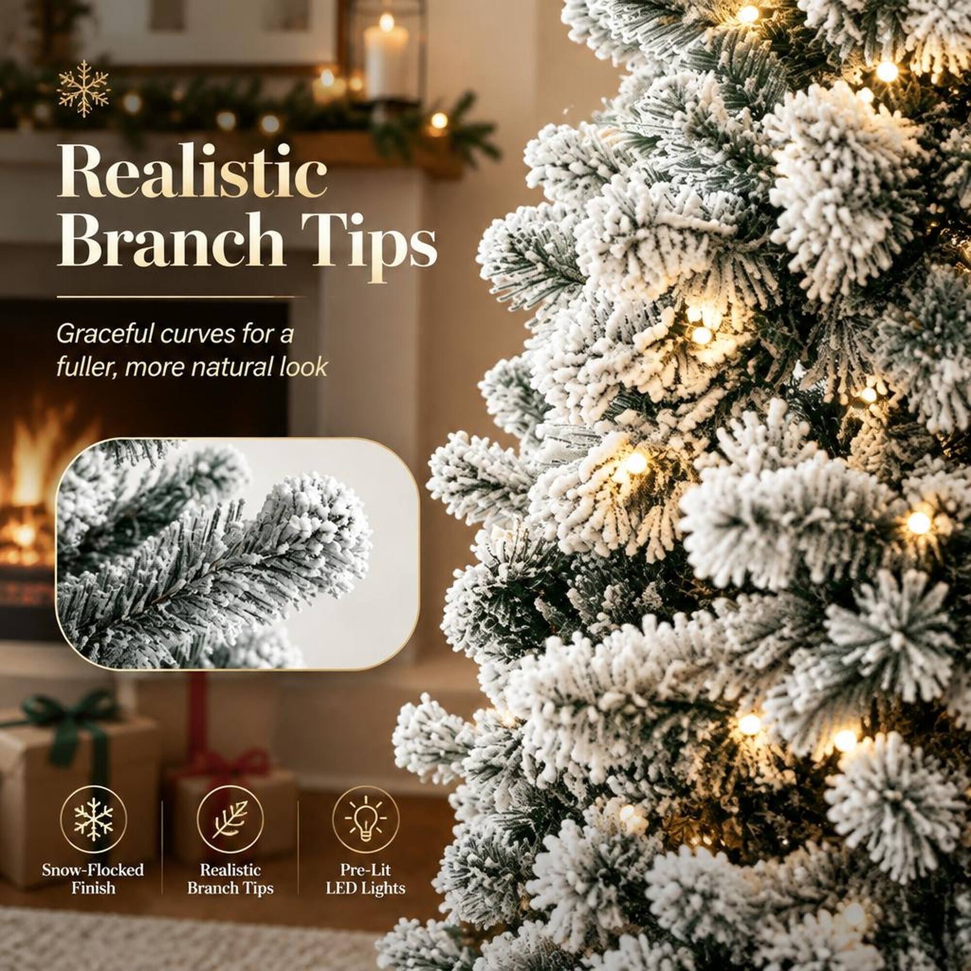 Realistic Branch Tips  
Graceful curves for a fuller, more natural look  

Snow-Flocked Realistic Finish Branch Tips  
Pre-Lit LED Lights