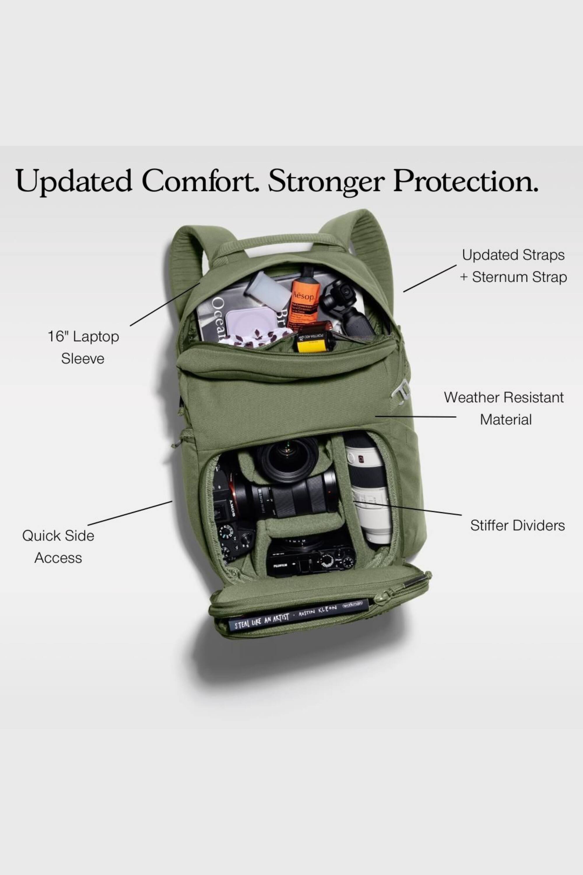 Updated Comfort. Stronger Protection.

- 16" Laptop Sleeve
- Updated Straps + Sternum Strap
- Weather Resistant Material
- Quick Side Access
- Stiffer Dividers